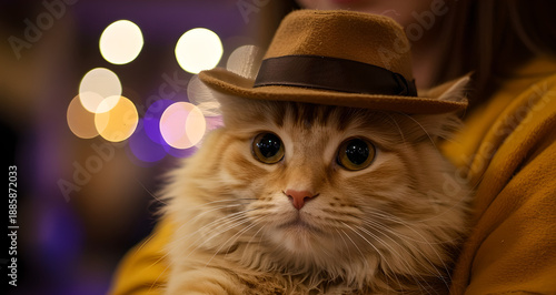 A charming orange tabby cat wearing a brown hat held close with blurred lights