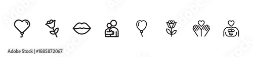 Group of nine thin line icons showing hearts roses lips couple holding heart and hand gestures for romance