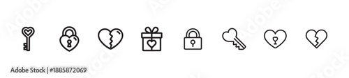 Set of nine thin line icons featuring keys locks broken hearts gifts and heart shaped wine glass symbols