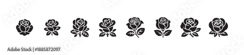 Group of 24 diverse black rose flower icons showcasing various detailed stylized bloom variations