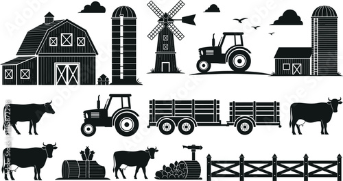 Fotografie Silhouette Collection of Farm Buildings Animals and Equipment barn silo