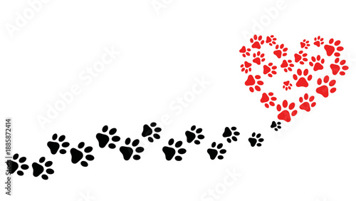 Dog Paw Prints Border with Red Hearts Background