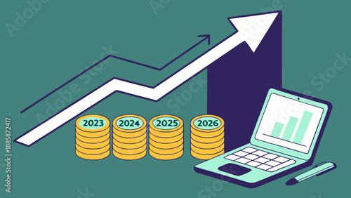 Hand-drawn financial growth chart on a desk with stacked coins and a calculator, showing annual profit increase from 2023 to 2026 in the context of investment planning.