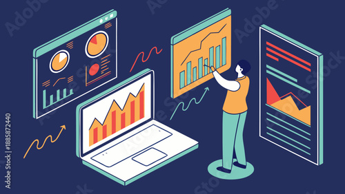 Financial data visualization featuring digital charts and an analytics dashboard, showcasing business growth, performance metrics, and innovation in financial analysis and big data.