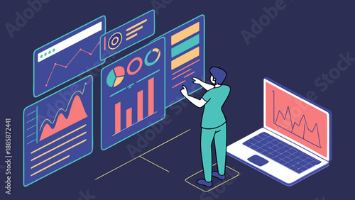Digital dashboard with financial data visualization, displaying business performance, growth metrics, and innovation, representing big data and business intelligence.