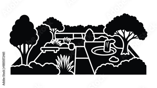 a tranquil park scene with trees benches and a pond silhouette