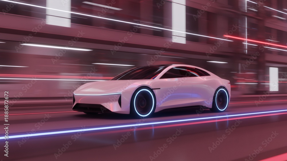 Obraz premium White futuristic electric car driving fast on a highway at night. Autonomous vehicle traveling with neon light trails. Advanced transportation concept.
