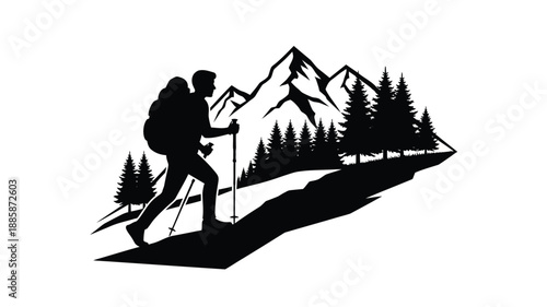 a hiker with a backpack walking along a mountain trail silhouette
