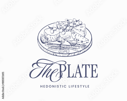 Wine and cheese food doodle sketch label with bread, grapes, olives and Italian food elements. Hand-drawn vintage vector line art for restaurant menu, party invitation, or charcuterie board design