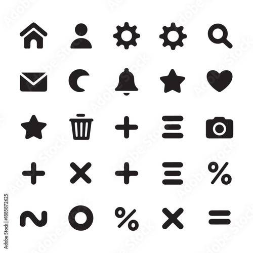 A black vector silhouette collection of web and mobile application icons featuring heart, ring, and music symbols for wedding and food design
