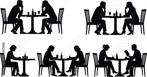 Dining Silhouettes: Various figures are seen dining together or separately at tables, capturing the essence of diverse experiences in dining settings.