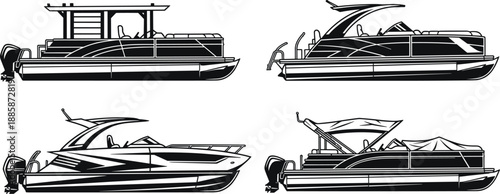 Pontoon Boats Collection: Four pontoon boat illustrations showcase a collection of recreational vessels, capturing the essence of leisurely water activities and the allure of boating.