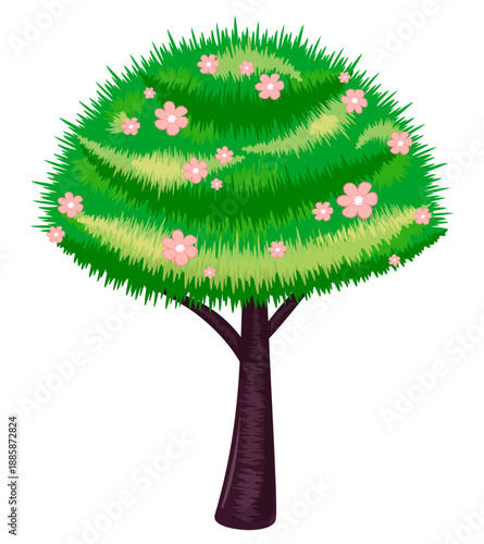 Tree with large green spherical crown blooms with pink flowers. Vector texture pattern of African tree. Semicircular powerful top of spring foliage on dark trunk. Flowering plant isolated on white