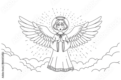 Cartoon illustration of a holy flying angel with white wings and a gold cross symbol for a spiritual religion heaven design