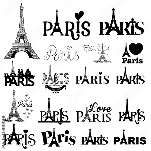 Paris landmarks vector set and iconic typography