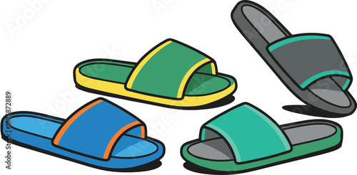 Colorful slide sandals illustration set isolated on white background, casual summer footwear collection, home slippers design, modern fashion vector icons