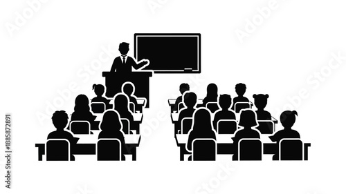 a classroom scene with a teacher presenting to students silhouette