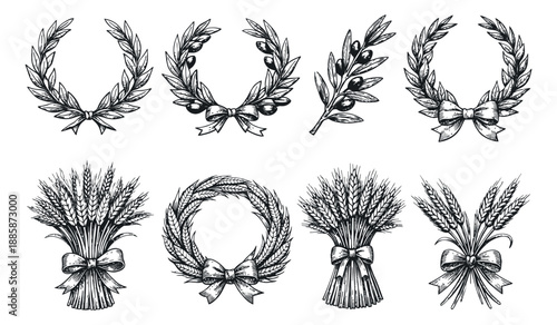 Hand drawn line art emblem set featuring laurel, olive branches, and wheat for design elements