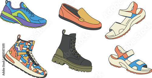 Fashion footwear illustration set isolated on white background, modern sneakers boots sandals and loafers collection, trendy casual shoes vector icons