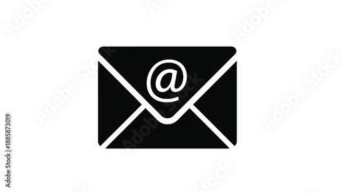 a black and white envelope icon with an at symbol inside silhouette