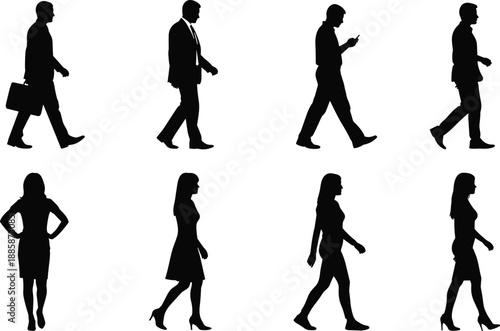 A collection of black silhouettes showing business women and people in motion and everyday activities