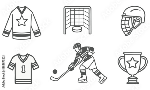 Hockey Equipment Icons Set – Helmet, Skates, Trophy, Jersey, and Goal Illustrations .