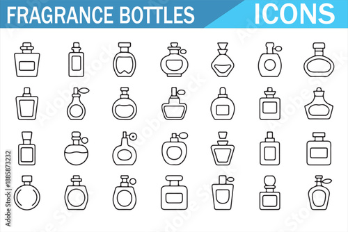 Minimal perfume and fragrance bottle outline symbols isolated on white background