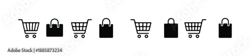 Line and solid style icons illustrating shopping carts bags and hand baskets for digital interface