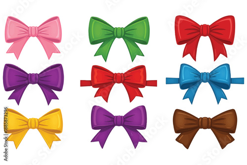 Vector illustration of a decorative set of colorful satin bows and ribbons in red, pink, and gold for Christmas, birthday gifts, and holiday celebration elements
