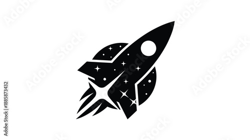 a striking black rocket launching upwards against a starry night silhouette
