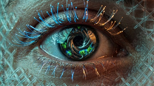 Wallpaper Mural Extreme close-up of a futuristic cyborg eye with glowing fiber optic eyelashes, a metallic iris, and digital skin texture. Torontodigital.ca
