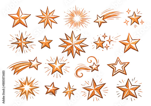 Hand drawn line art star set featuring sparkling, shooting, and glowing stars for design elements and decoration