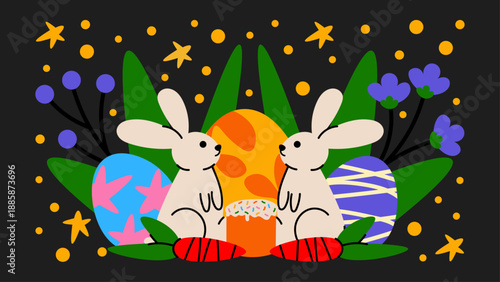 Groovy Easter sticker set in a playful 90s cartoon vibe. Cute bunnies, colorful eggs, spring flowers and festive baskets drawn in a funky doodle style.