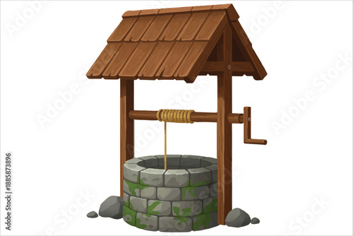 A wooden house in a box illustration featuring a small home with a classic roof, green trees, and a water well under a blue sky, designed as a nature-themed architecture vector icon