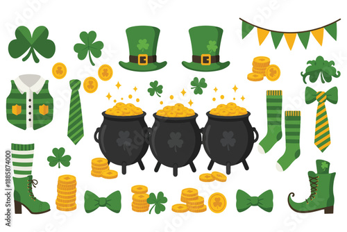St Patrick's Day set featuring a leprechaun hat, pot of gold, green shamrock clover, and lucky coins in a flat vector illustration for an Irish holiday celebration