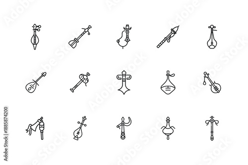 Mongolian Deel Instrument Bundle Icon, Traditional Mongolian Costume And Music Icon, Mongolian Folk Culture Deel And Instrument Symbol, Nomadic Mongolia Deel Music Icon Set, Mongolian Heritage Cloth