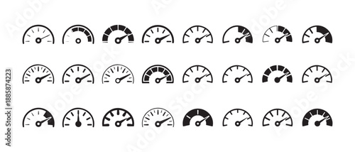 Speedometer gauges icon set tachometer car dashboard performance measurement progress indicators vector