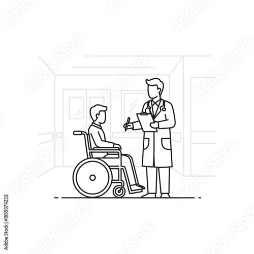 Doctor consulting with patient in wheelchair in hospital corridor.