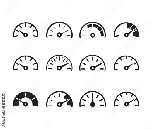 Speedometer icon set, dashboard car panel symbols, internet connection speed signs, car control indicators