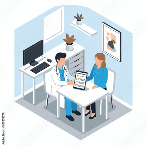Doctor consulting with patient in a modern medical office setting.