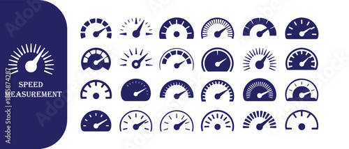 Speed measurement icons set, collection of speedometer, gauge, dashboard symbols for performance and control