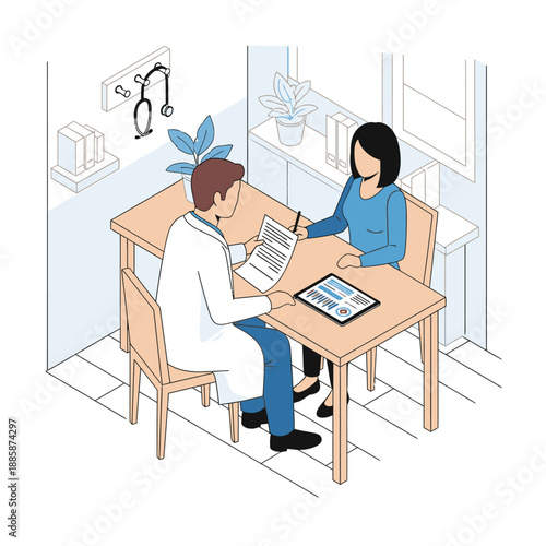 Doctor consulting with patient in a modern office setting.