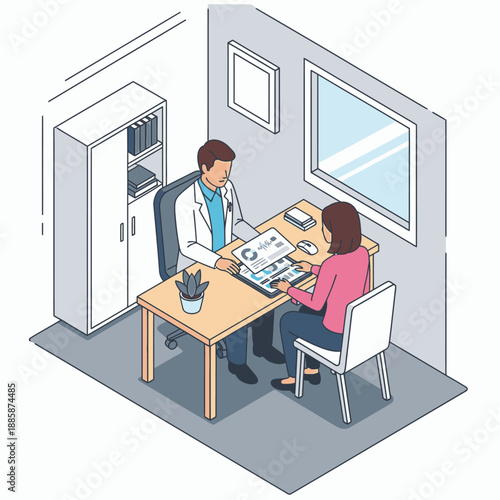 Doctor and patient having a consultation in a medical office.