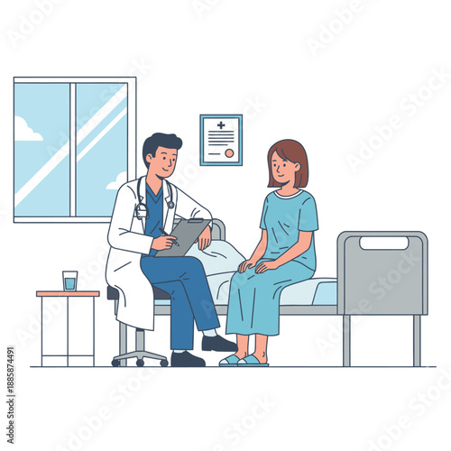 Doctor consulting with patient in hospital bed.