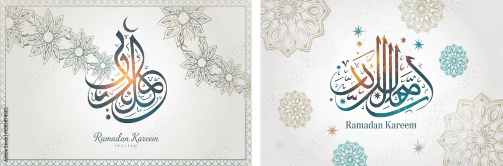 Naklejka premium Ramadan Kareem, Arabic calligraphy, Islamic design, Ramadan greeting, holy month, Kareem calligraphy, Ramadan Mubarak, Islamic art, Muslim celebration, fasting month, Ramadan poster, greeting card, sp