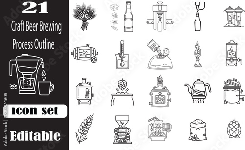 Craft Beer Brewing Process Outline Icon Set. Detailed Vector Symbols for Homebrewing, Brewery Operations, and Beverage Production.