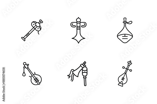 Mongolian Deel Instrument Bundle Icon, Traditional Mongolian Costume And Music Icon, Mongolian Folk Culture Deel And Instrument Symbol, Nomadic Mongolia Deel Music Icon Set, Mongolian Heritage Cloth