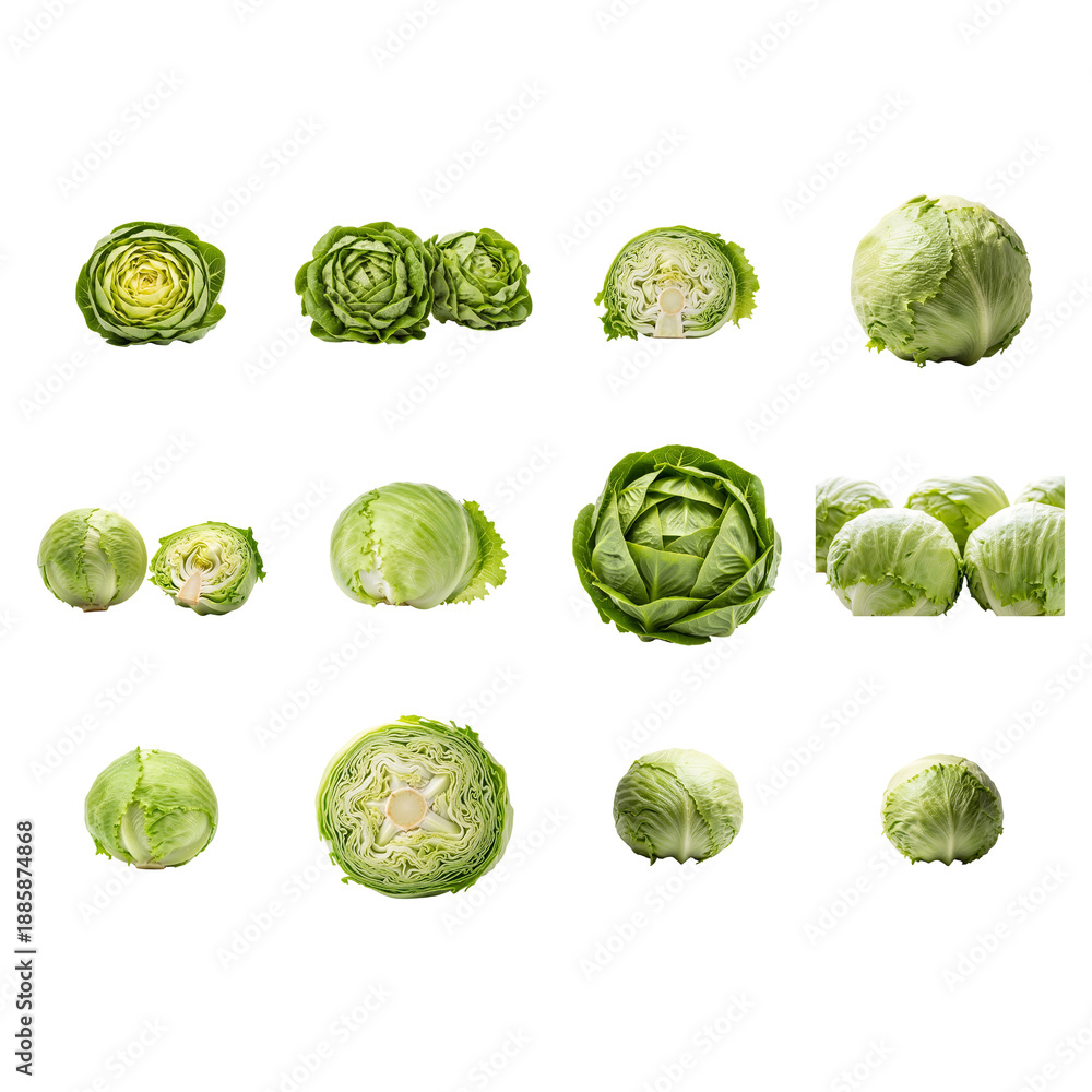Fototapeta premium Fresh green cabbage set in various cuts