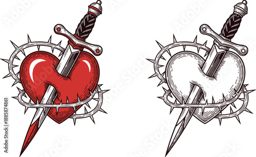 Vintage Tattoo Style Illustration of a Pierced Heart with Dagger and Crown of Thorns