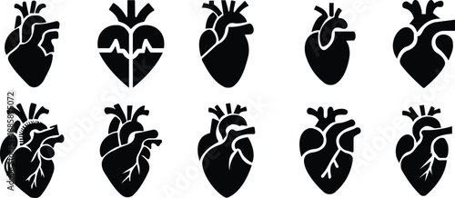Human heart anatomy icon set with flat styles, medical cardiology symbols, heartbeat ECG heart icons in black monochrome vector illustration collection